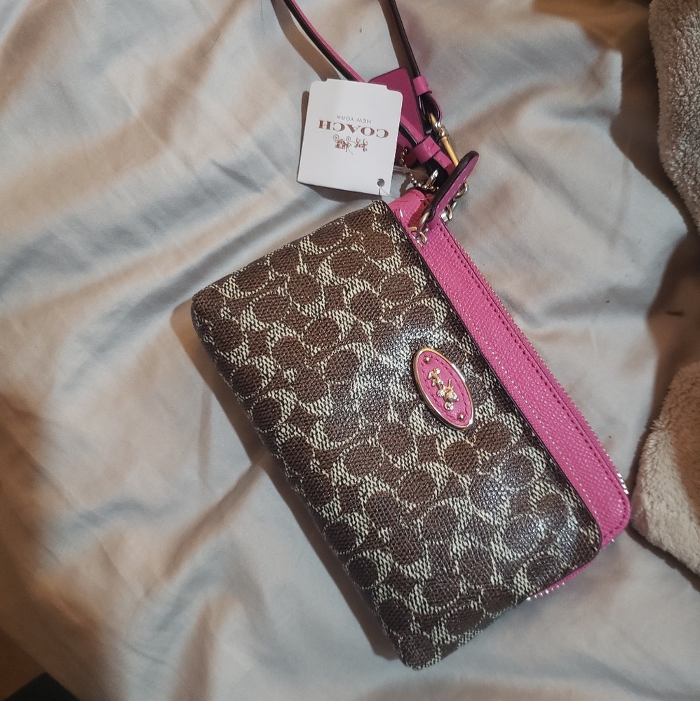 Coach brown and pink wrist wallet